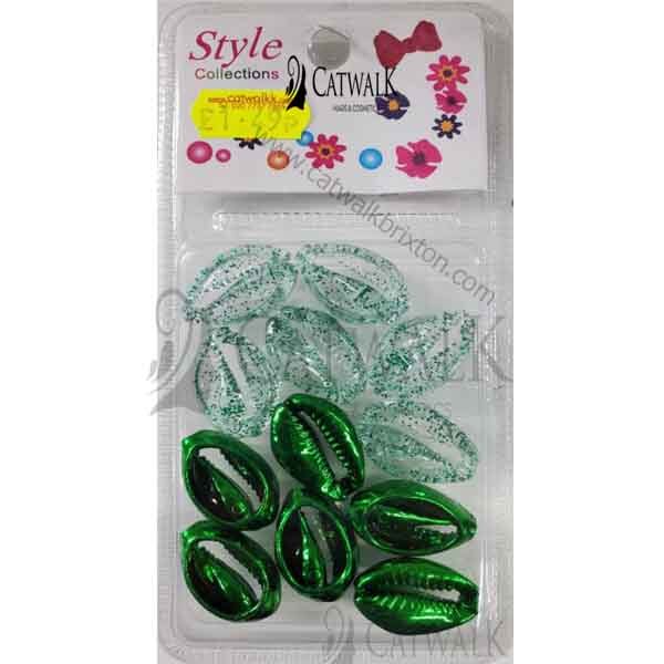 Plastic Hair Beads | Shell Beads Green & White12pcs